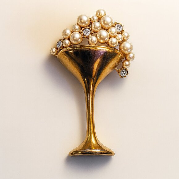 Vintage Gold Tone Rhinestone Bubble Simulated Pearls Champagne Glass Brooch - Picture 1 of 8